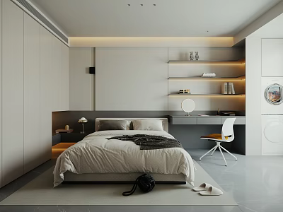 Modern Minimalist Bedroom Interior With Cozy Bed Gray Tones Open Wardrobe And Desk 3d model