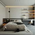 Modern Minimalist Bedroom Interior With Cozy Bed Gray Tones Open Wardrobe And Desk