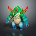 Fantasy Game Movie Monster Character With Green Body Blue Limbs And Red Back Horns