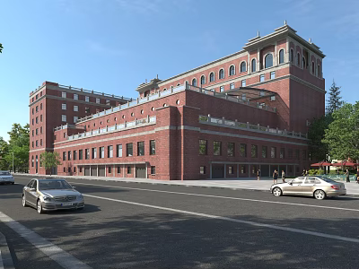Scenic Modern Commercial Street With Red Brick Buildings Trees And Moving Cars 3d model