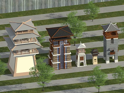 Traditional Chinese Style Towers With Various Architectural Designs And Green Trees In Park Area 3d model