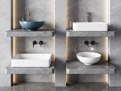 Stylish Various Design Washbasins With Blue White Colors Bowl Rectangular Shapes On Grey Illuminated Shelves 3d model