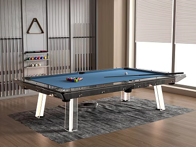 Modern Entertainment Room Interior With Pool Table Colorful Balls Cue Rack And Wooden Flooring 3d model
