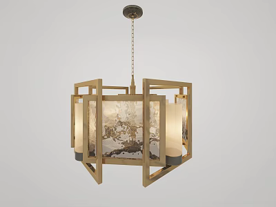 Elegant Modern Chinese Chandelier With Wooden Frame And Translucent Patterned Shade 3d model