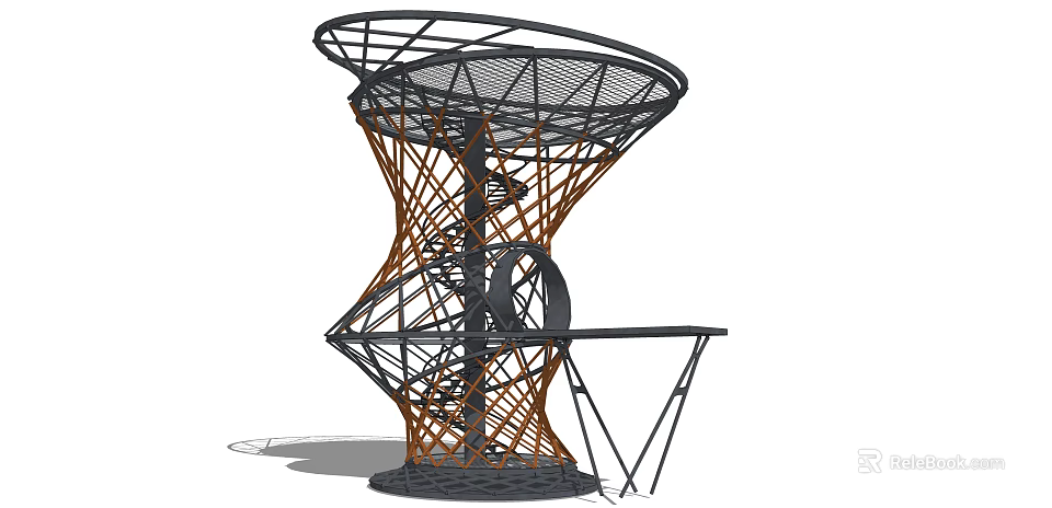 Modern Spiral Tower Structure With Metal Frame And Wooden Support Elements 3d model