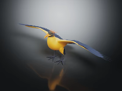 3D Rendered Flying Bird With Yellow Body Blue Wings Crested Head Standing on Black Surface 3d model
