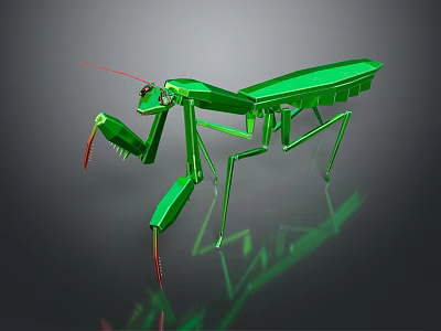 Green Metallic Mantis 3D Model With Red Antennae And Glossy Exoskeleton 3d model