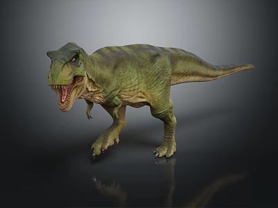 Green Striped Tyrannosaurus Rex With Open Mouth Sharp Teeth Standing On Black Background With Reflection 3d model