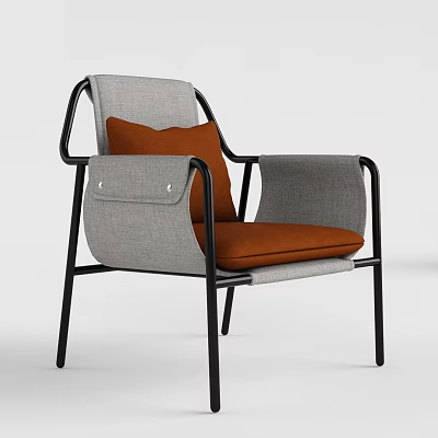 Modern Leisure Chair With Gray Orange Cushion Black Metal Frame And Side Pocket 3d model