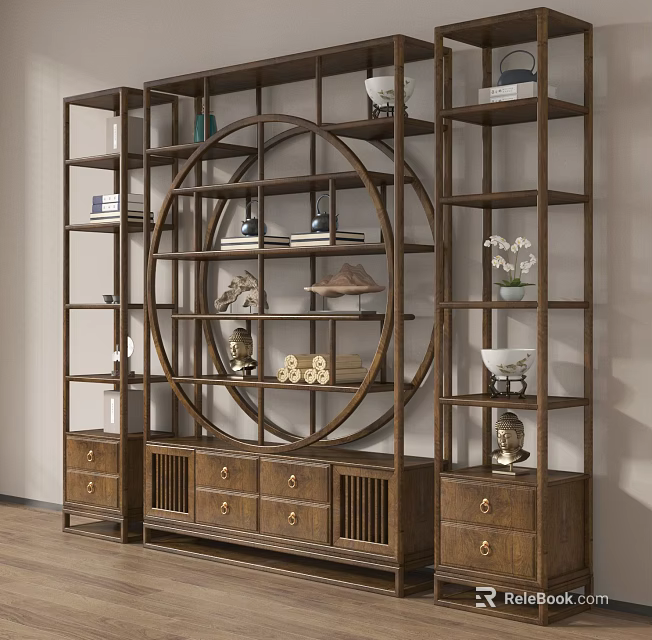 Chinese Wooden Antique Display Shelf With Circular Design Multiple Tiers And Drawers For Ornaments 3d model 