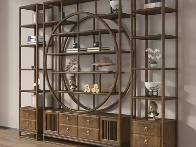 Chinese Wooden Antique Display Shelf With Circular Design Multiple Tiers And Drawers For Ornaments 3d model