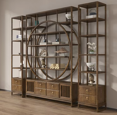 Chinese Wooden Antique Display Shelf With Circular Design Multiple Tiers And Drawers For Ornaments 3d model