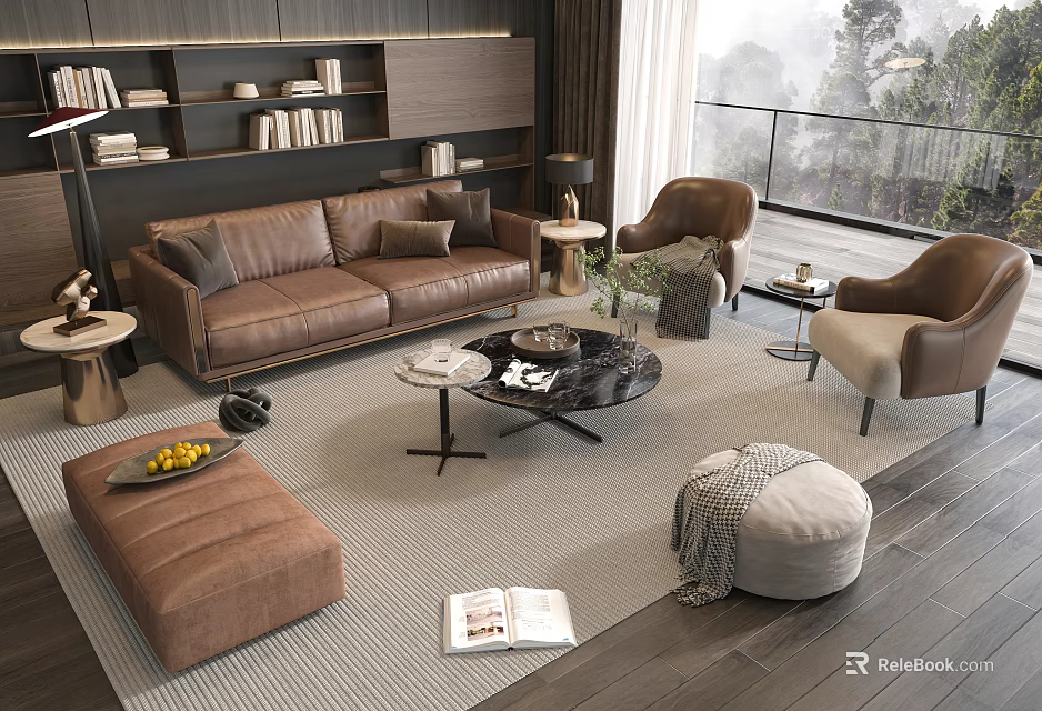 Modern Leather Sofa and Coffee Table Set with Armchairs Bookshelves and Natural Light 3d model 