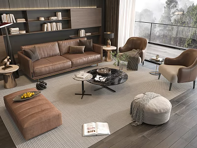 Modern Leather Sofa and Coffee Table Set with Armchairs Bookshelves and Natural Light 3d model