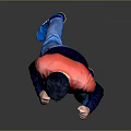 Man In Red Black Sweater Blue Jeans Blue Sneakers In Boxing Stance On Gray Background