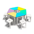 Hexagonal Desk With Colorful Top And White Stools For Modern Study Space 3d model