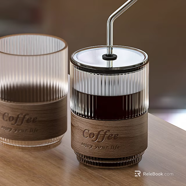 Coffee Tableware Set With Transparent Ribbed Glass Cup And Lidded Container Wooden Labels 3d model 