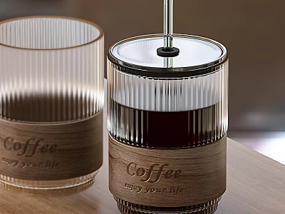 Coffee Tableware Set With Transparent Ribbed Glass Cup And Lidded Container Wooden Labels 3d model