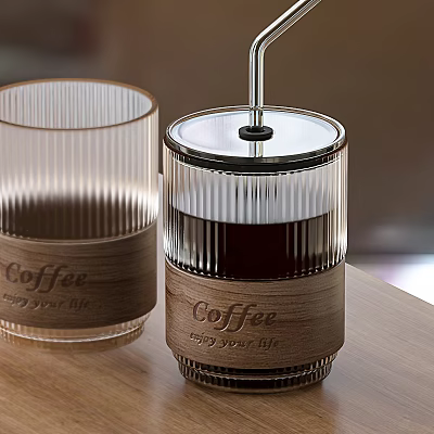 Coffee Tableware Set With Transparent Ribbed Glass Cup And Lidded Container Wooden Labels 3d model