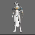Anthropomorphic Wolf Character In Blue And Gold Armor With Chest Arm Guards And White Skirt