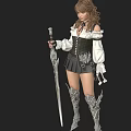A Woman Holding Ornate Sword Wearing White Off Shoulder Top Black Corset Silver Leg Armor