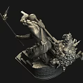 Detailed Sculpted Figure In Dynamic Action Pose With Swords Gun On Rock Textured Base
