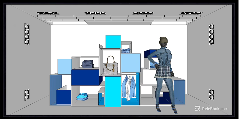 Fashion Store Window Display With Mannequin Clothes And Blue White Shelves 3d model 