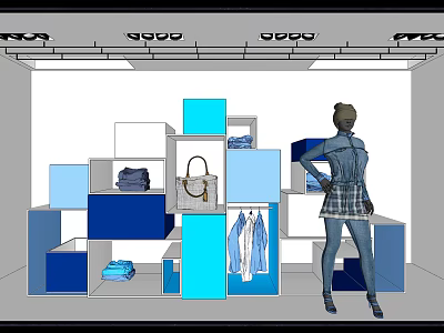Fashion Store Window Display With Mannequin Clothes And Blue White Shelves 3d model