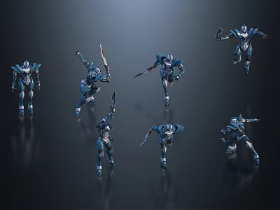 Game and Movie Armored Characters in Dynamic Action Poses with Blue Silver Design 3d model