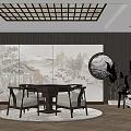 Elegant Hotel Mahjong Room With Chinese Landscape Murals Wooden Tables And Pendant Lights
