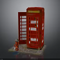 Red Telephone Booth With Open Door And Red Fire Hydrant On Paved Sidewalk