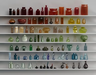 Ceramic Vessels of Various Colors and Different Shapes Displayed on Multiple White Shelves 3d model