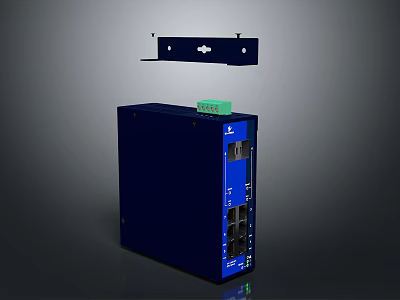 Blue Industrial Electronic Device With Multiple Interface Ports And Mounting Bracket 3d model