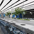 Modern Restaurant Interior With Curved Ceiling Blue Lighting And Astronaut Decor