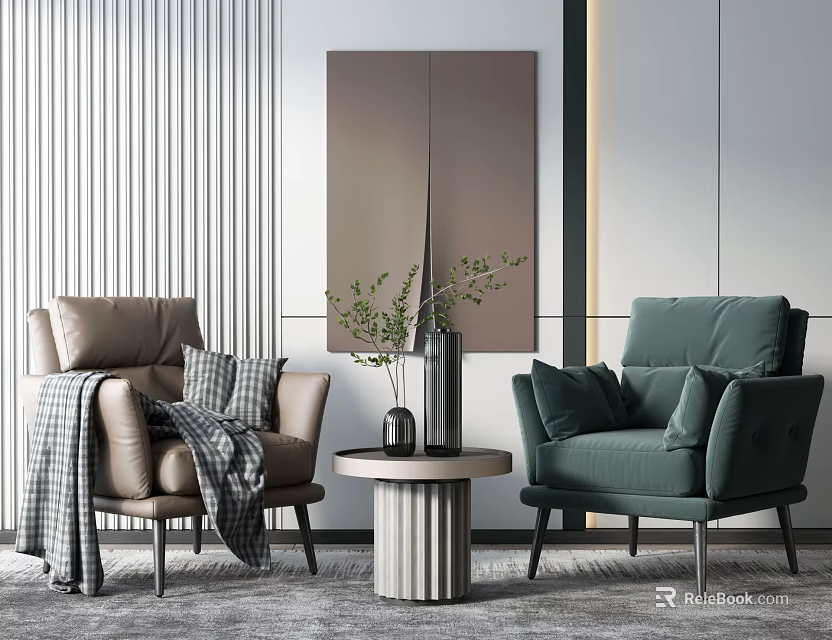 Modern Casual Sofa Set With Brown Green Chairs Round Side Table And Potted Plant 3d model 