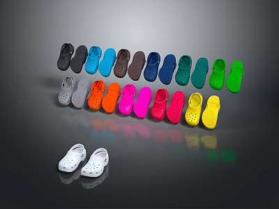 Colorful Clogs In Various Vibrant Hues Arranged Neatly With Reflection 3d model