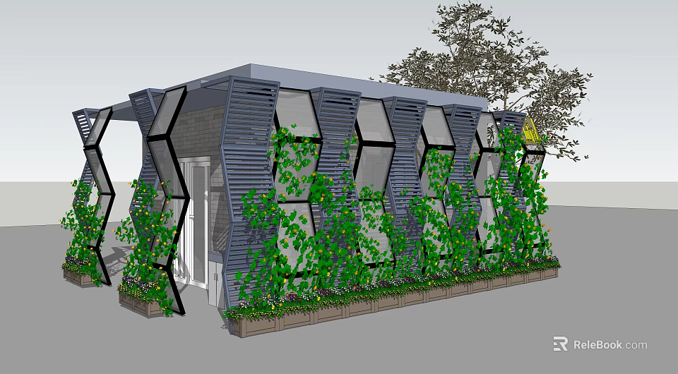 Modern Hexagonal Outdoor Structure With Green Vines Covering Exterior Walls And Planter Beds 3d model 