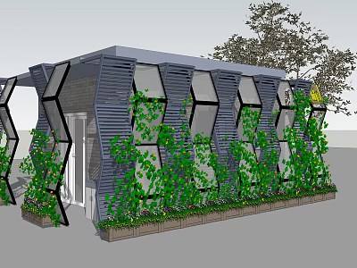 Modern Hexagonal Outdoor Structure With Green Vines Covering Exterior Walls And Planter Beds 3d model