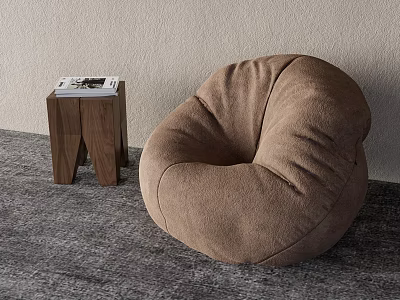Brown Plush Bean Bag Chair With Wooden Side Table And Magazine In Indoor Space 3d model