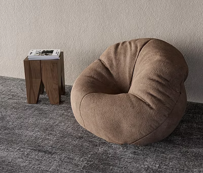Brown Plush Bean Bag Chair With Wooden Side Table And Magazine In Indoor Space 3d model