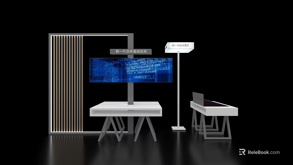 Modern Exhibition Island With Digital Screen And Display Tables Design 3d model 