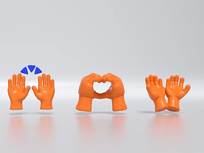 Orange Hand Models Displaying Heart Shape And Different Gestures On White Surface 3d model