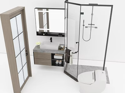 Modern Bathroom Interior Design With Glass Shower Enclosure Vanity Mirror And Toilet 3d model