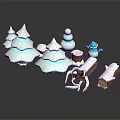 Cartoon Winter Scene With Snowmen Snow Covered Trees Snow Piles Wood Logs And Gingerbread Man