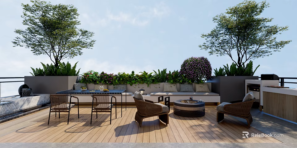 Outdoor Terrace With Wooden Deck Furniture Fire Pit And Green Plants 3d model 