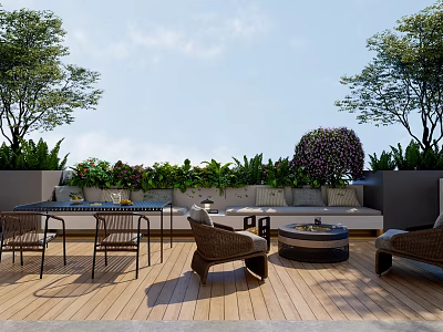 Outdoor Terrace With Wooden Deck Furniture Fire Pit And Green Plants 3d model