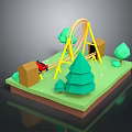 3D Miniature Amusement Park Landscape With Roller Coaster Red Car Green Trees And Small Buildings