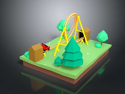 3D Miniature Amusement Park Landscape With Roller Coaster Red Car Green Trees And Small Buildings 3d model