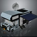 Light Blue Camper Van with Satellite Antenna Solar Panel Open Blue Awning and Door Steps
