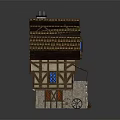 Medieval Timber Framed House Model With Brown Roof Blue Windows Small Staircase And Wooden Barrel